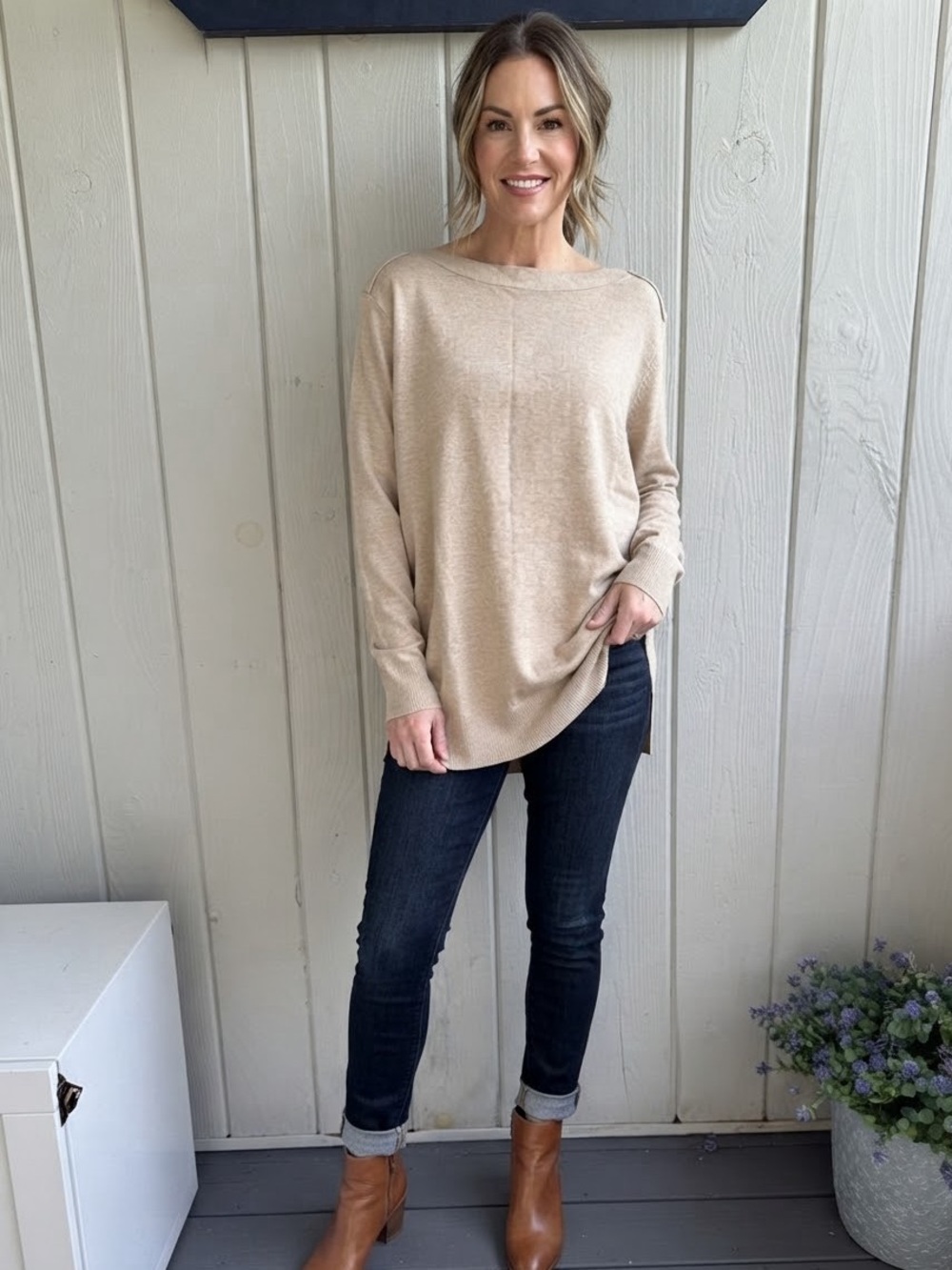 LOFT Light Beige Boatneck Knit Sweater